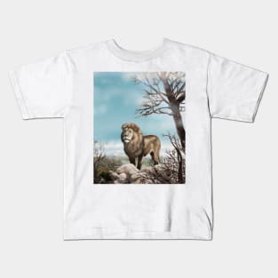 Lion king a wild animal. Wild African lion in nature. Retro style. Realistic Oil painting illustration. Wildlife ART Hand Drawing Kids T-Shirt